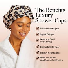 Kitsch luxury shower cap leopard-design on head demonstrates secure, non-slip fit.