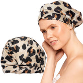 Kitsch luxury shower cap leopard-pattern closeup shows waterproof fabric for daily protection.