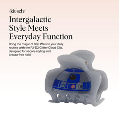 Kitsch r2d2 glitter clip closeup shows shimmering finish and steady grip
