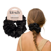 Kitsch recycled satin ruffle scrunchie close-up shows gentle, secure hold