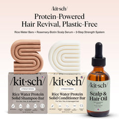 Kitsch Rice Water Conditioner Bar on vanity highlights smoothing action and light volume.