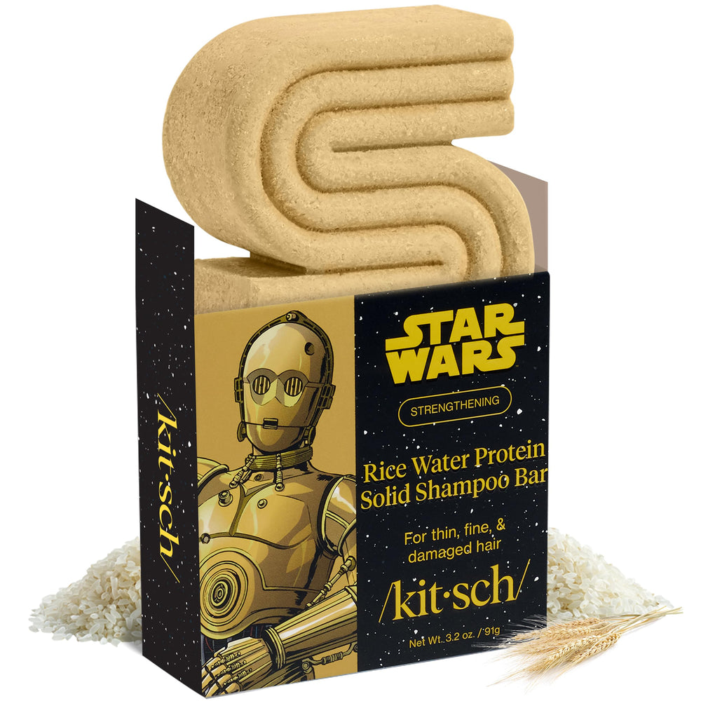 Kitsch Rice Water Protein Shampoo Bar with C-3PO design strengthens strands with galactic appeal.