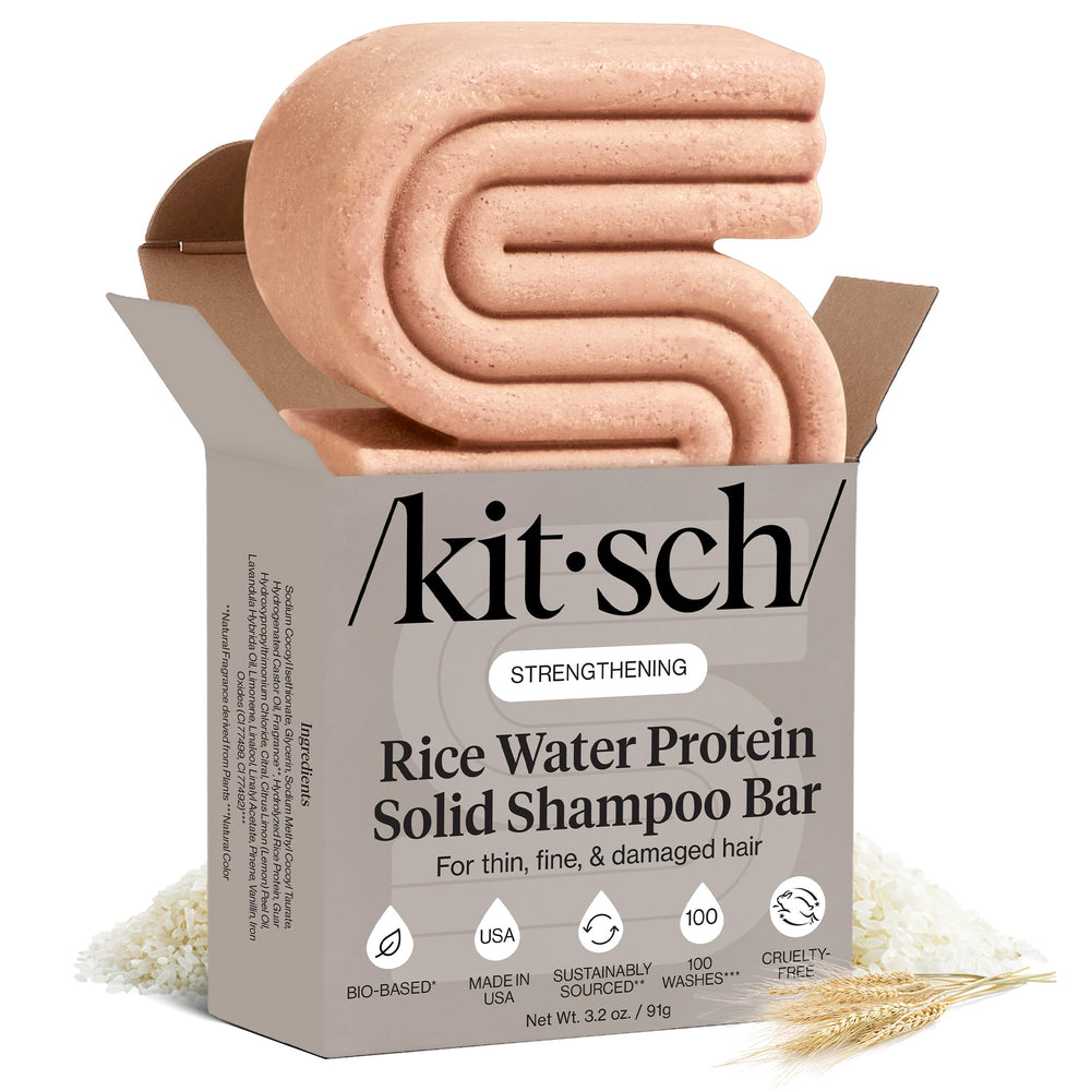 Kitsch Rice Water Shampoo Bar packaging highlights eco-friendly travel use