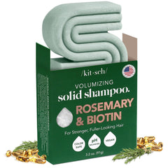 Kitsch Rosemary & Biotin Shampoo Bar packaging highlights eco-friendly design for sustainable routines.