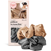 Kitsch satin scrunchies 2-pack in charcoal and gold, soft and gentle for daily wear.
