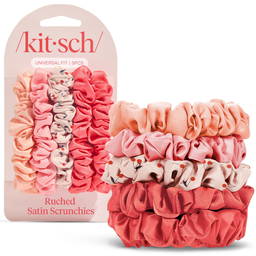 Kitsch satin scrunchies Cherry Blossom worn in hair for gentle crease-free hold.