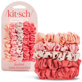 Kitsch satin scrunchies Cherry Blossom worn in hair for gentle crease-free hold.