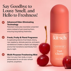Kitsch Tart Cherry spray-application demonstrates odor-eliminating mist for hair on the go