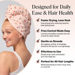 Kitsch XL cherry print microfiber hair towel wrap, folded for convenient storage and gifting appeal