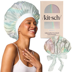 Kitsch XL satin bonnet close-up view highlighting plush satin for gentle hair protection.