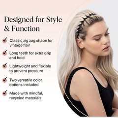 Kitsch Zig Zag headband on model shows sleek, comfortable slicked-back styling.