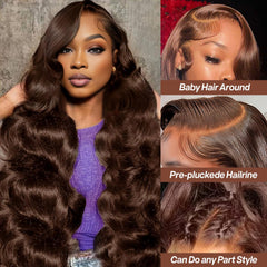 Kkioor 24inch chocolate brown wig body-wave side view shows voluminous texture for effortless styling