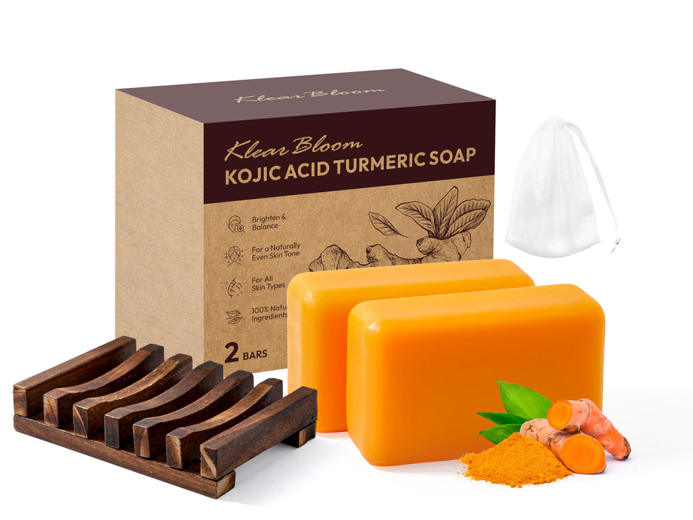 KlearBloom Kojic Turmeric Soap bar closeup shows smooth texture for brighter-looking skin.