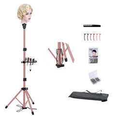Klvied metal wig stand tripod with rose-golden base supports stable professional styling.