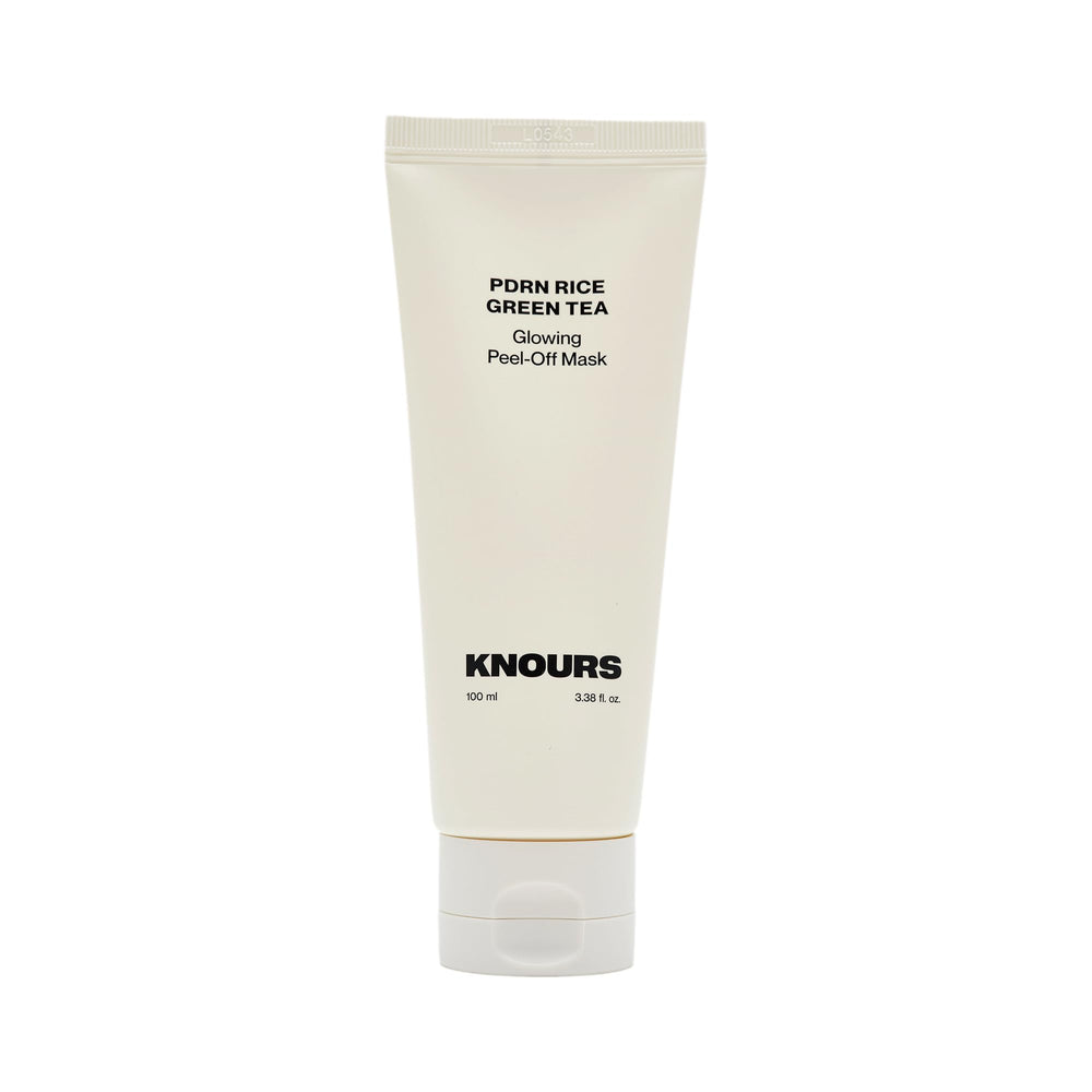 Knours PDRN Rice & Green Tea Glowing Peel Off Mask jar closeup highlights hydrating glow