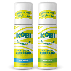 Kobi deodorant 2-pack fresh variety front bottle — aluminum-free odor protection for active kids.