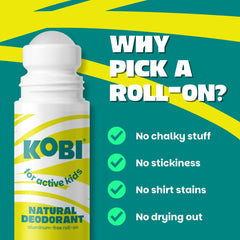 Kobi deodorant sport strength clear roller shown during activity and play.