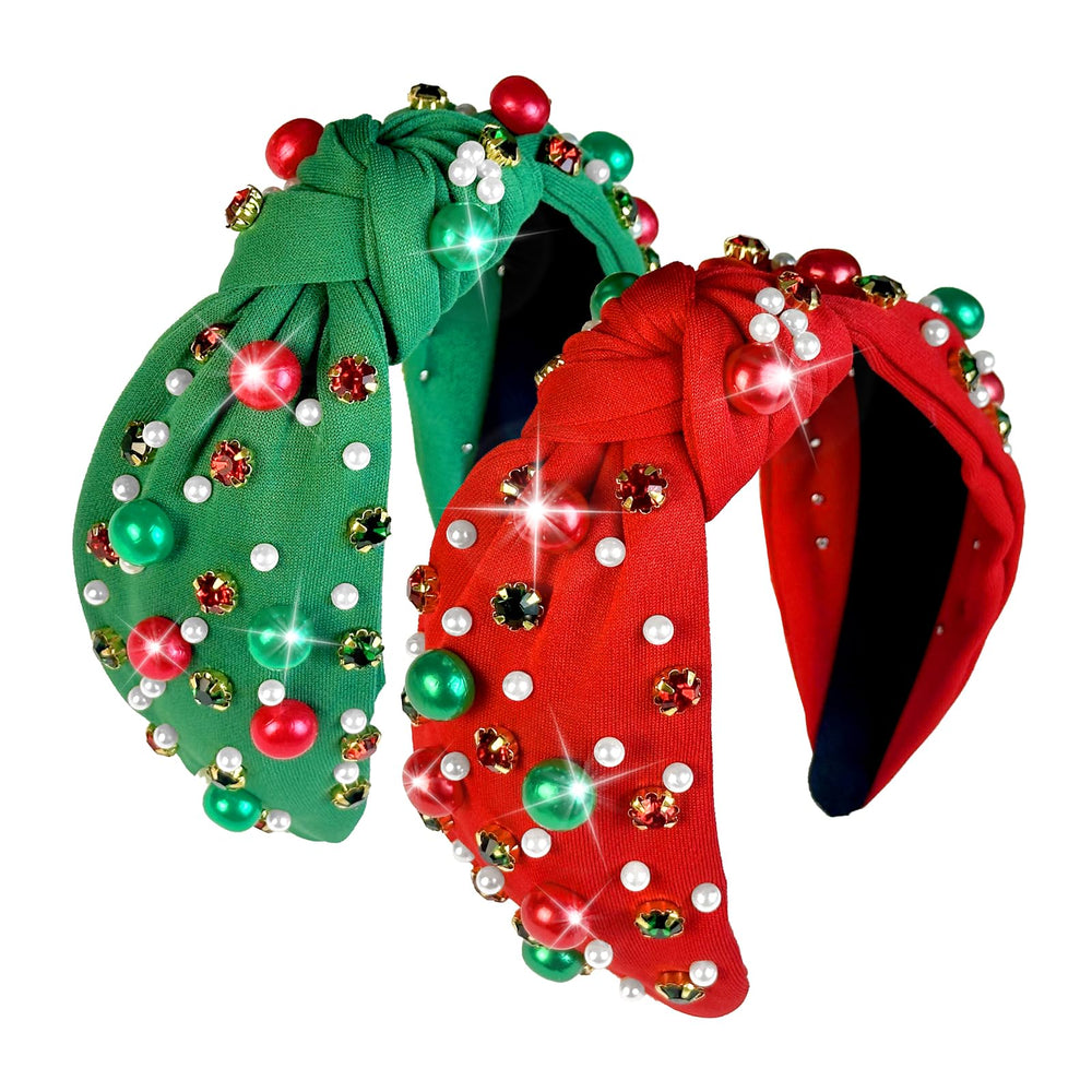 Koeilay Christmas headband with pearl rhinestone knot adds festive sparkle for holiday outfits.