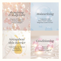 Koelf PETITFEE Rose Petal Satin Hair Mask ingredients image shows ceramide and oils for barrier support.