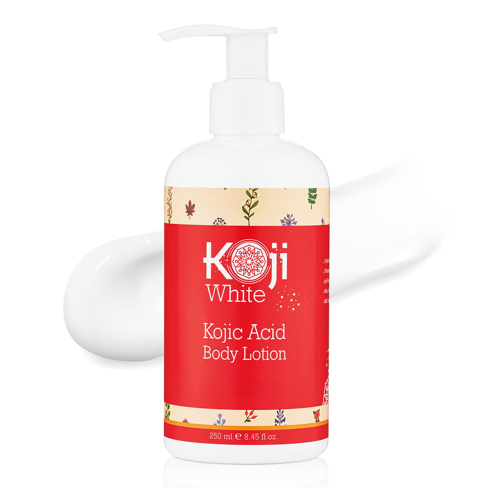 Koji White Kojic Acid Body Lotion bottle highlighting premium hydration