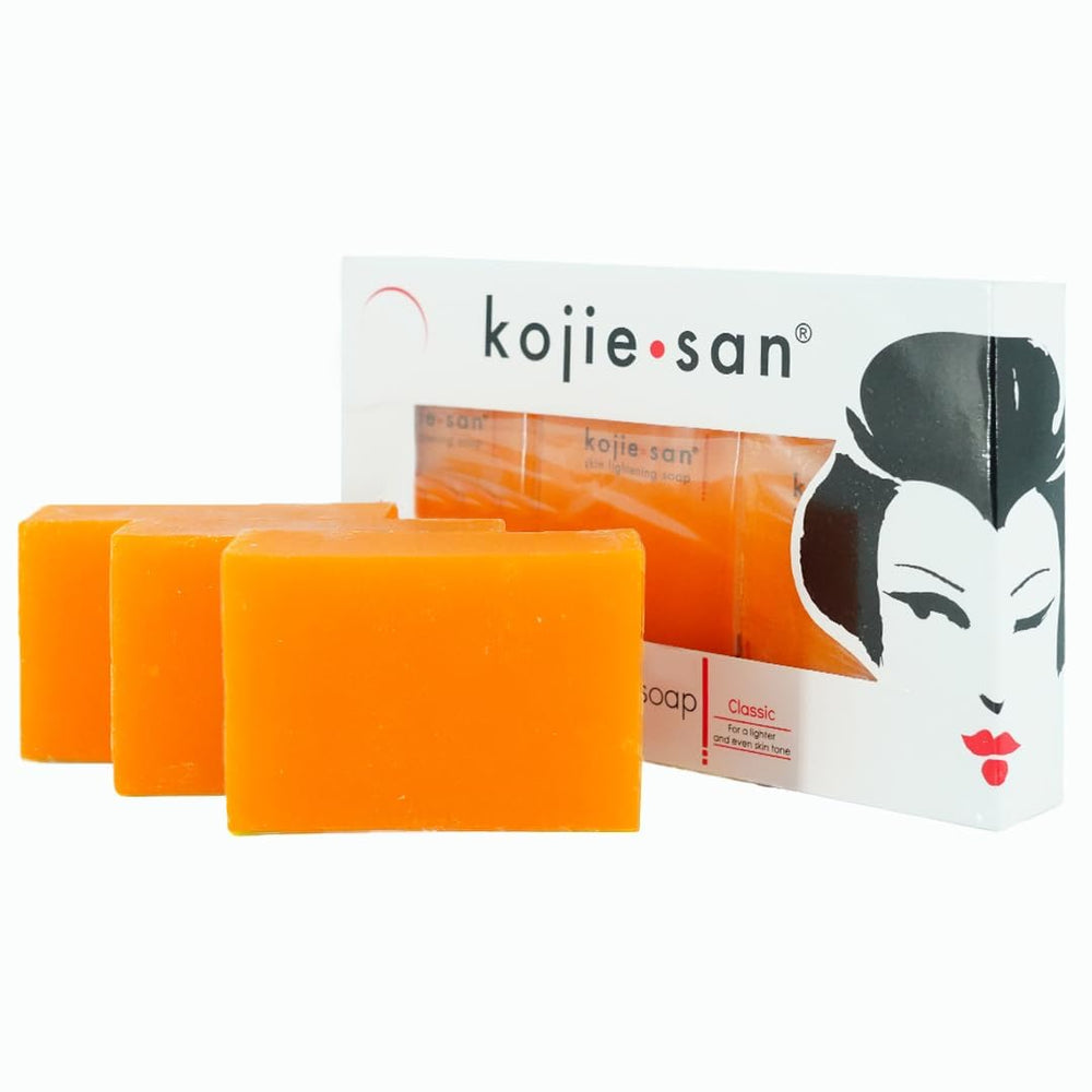 Kojie San Original Kojic Acid Soap Bar pack closeup with rich lather for daily cleansing.