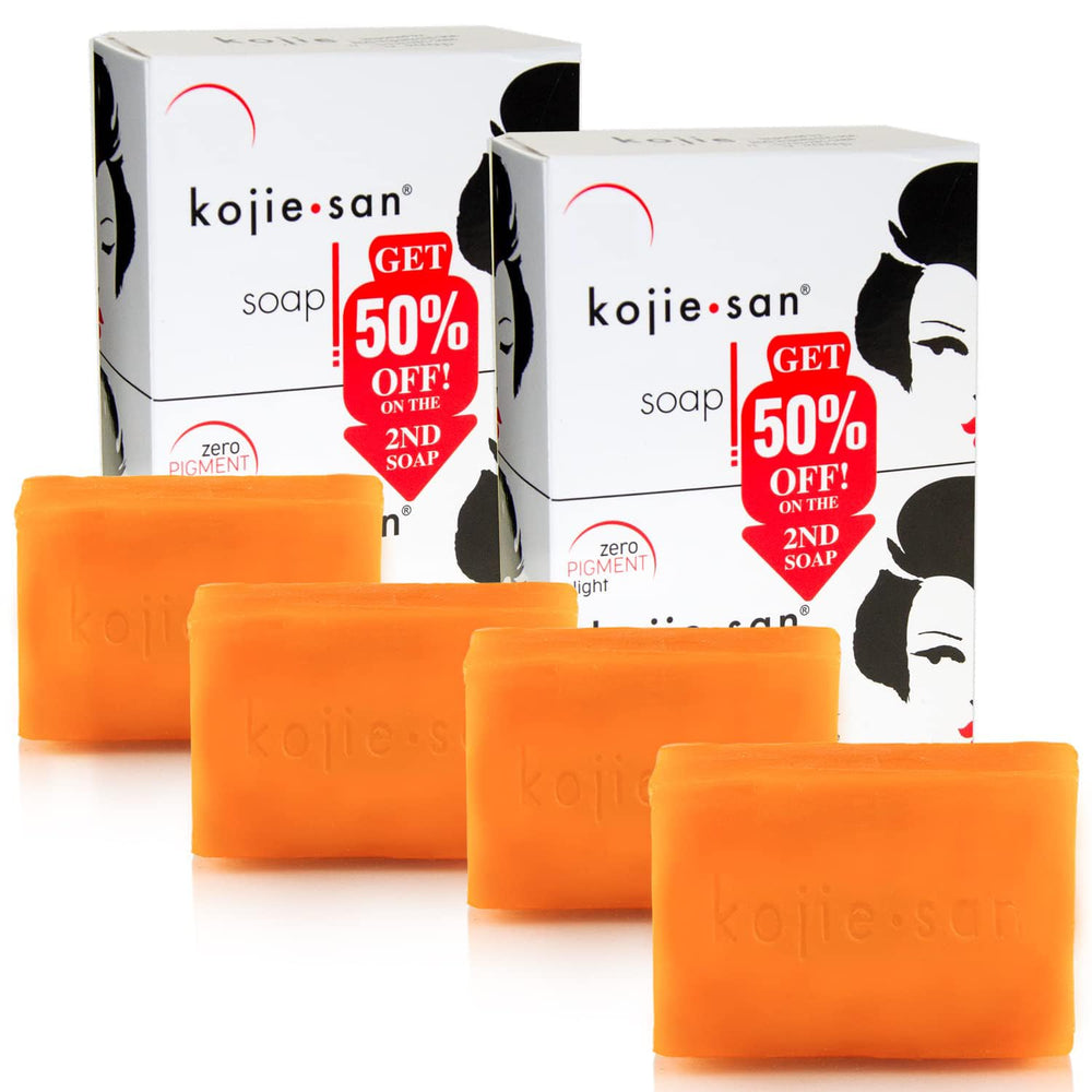 Kojie San skin-brightening soap bar highlights kojic acid for dark-spot reduction.