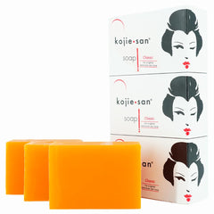 Kojie San skin brightening soap packaging showing premium kojic acid benefits for even tone