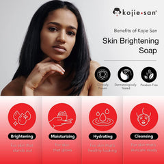 Kojie San skin-lightening soap 6-pack back info highlights ingredients and usage notes.