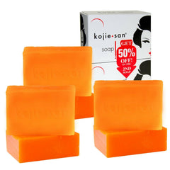 Kojie San skin-lightening soap 6-pack front shows packaging for easy shopping.