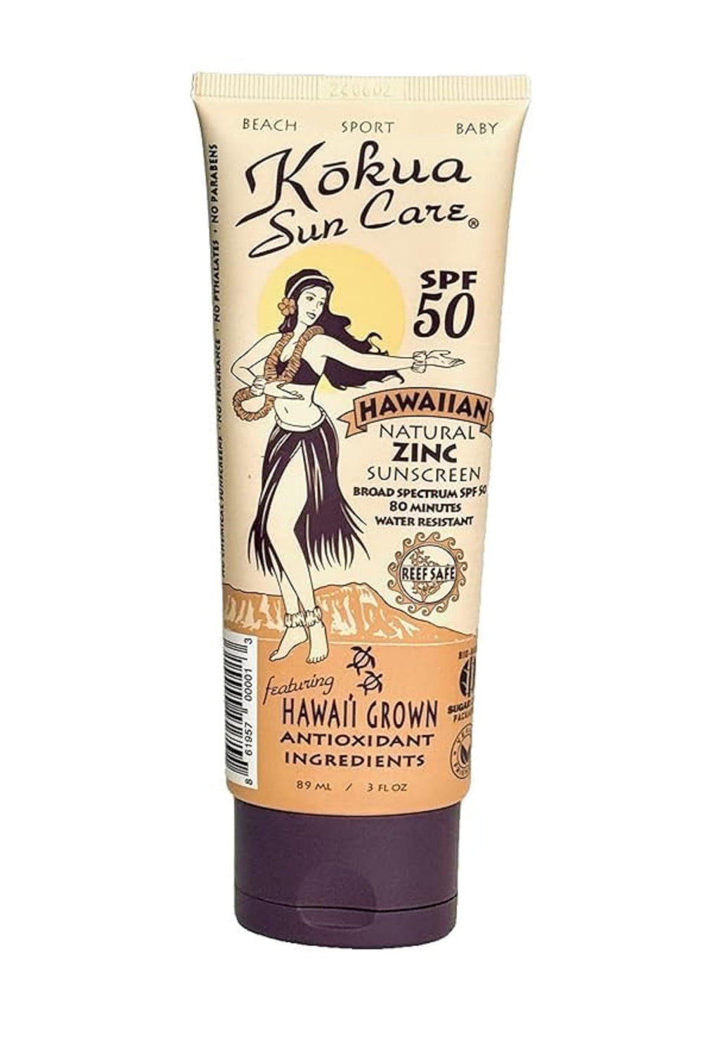 Kokua Sun Care reef safe sunscreen bottle showing mineral SPF 50 protection for beach days