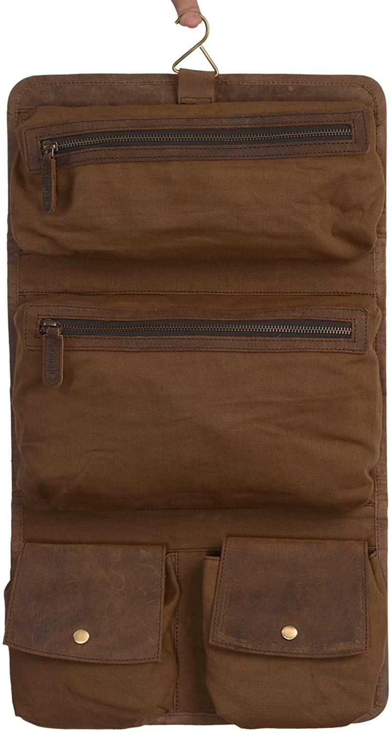 KomalC hanging toiletry bag front view shows distressed tan buffalo leather and craftsmanship.