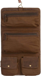 KomalC hanging toiletry bag front view shows distressed tan buffalo leather and craftsmanship.