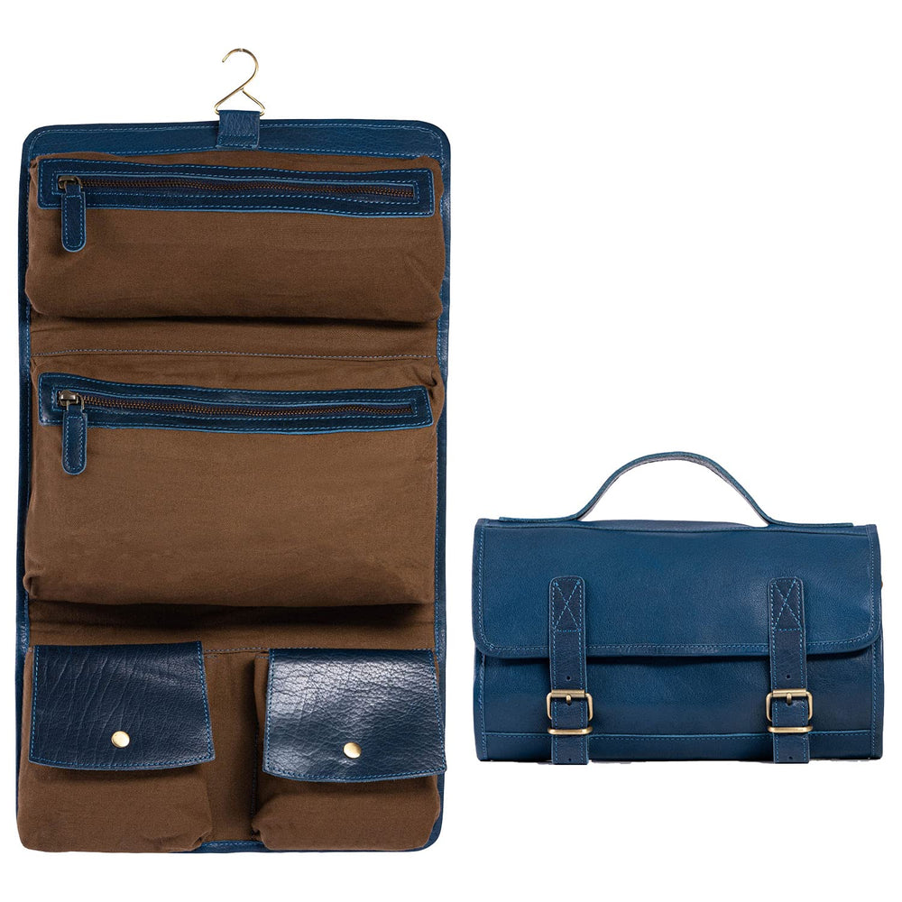 KomalC premium Buffalo leather roll toiletry bag, front view, durable travel companion.