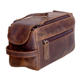 KomalC premium buffalo leather toiletry bag front view showcasing durable travel-ready design