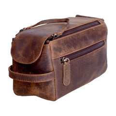 KomalC premium buffalo leather toiletry bag front view showcasing durable travel-ready design