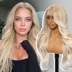 KOME Blonde synthetic lace front wig close-up reveals 26-inch layered waves for everyday wear.