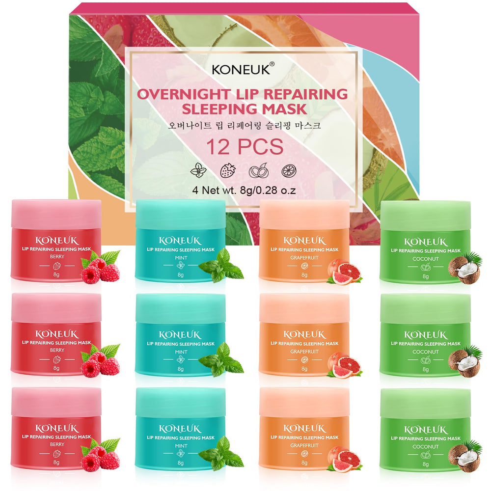 KONEUK 12-pack lip sleeping mask set box showcasing gift-ready packaging and variety.