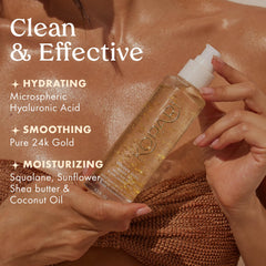 Kopari Golden Aura 24K gold particles on skin imply subtle luxury and smoothing