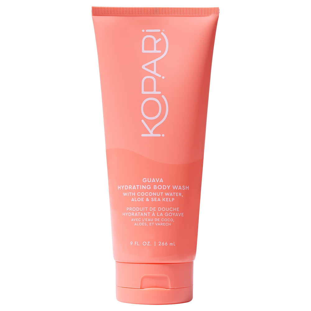 Kopari Guava Hydrating Body Wash bottle with foaming lather for a gentle cleanse.