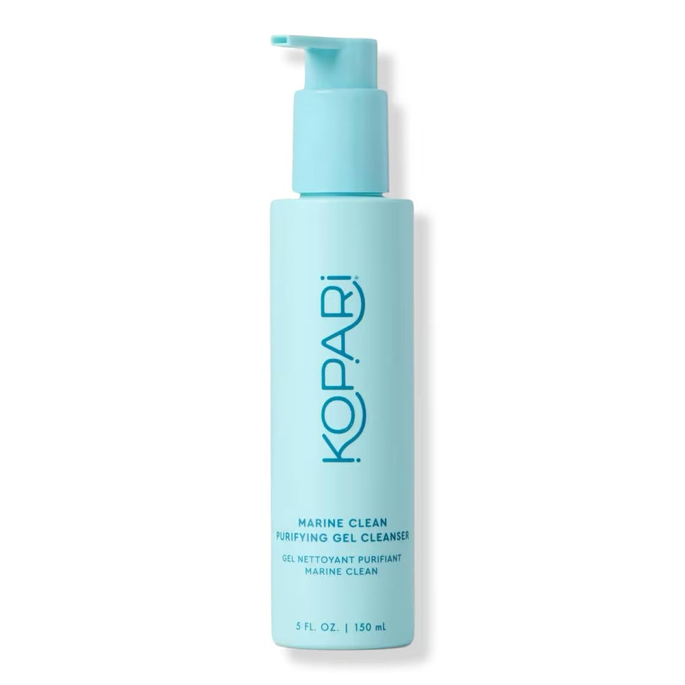 kopari marine-clean purifying-gel-cleanser bottle shows dual-action cleansing for refreshed skin.