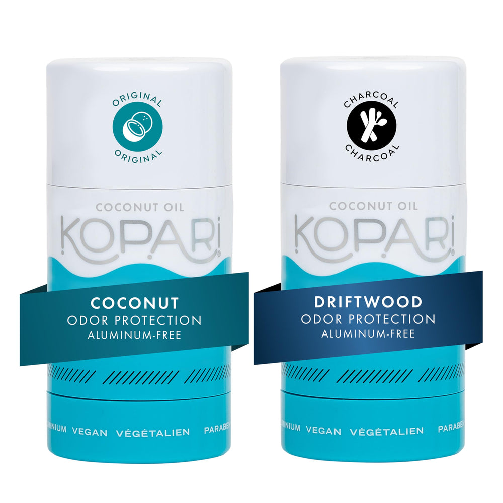 Kopari Original Aluminum Free Coconut Deodorant bottle close-up showing aluminum-free formula.