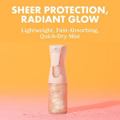 Kopari Rose Gold Sunglaze spray application delivering lightweight, sheer coverage.