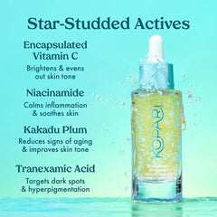 Kopari Star Bright serum drops illustrate encapsulated Vitamin C for gradual glow.