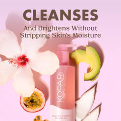Kopari Sudsy Shower Oil bottle-pour captures tropical fragrance during shower.