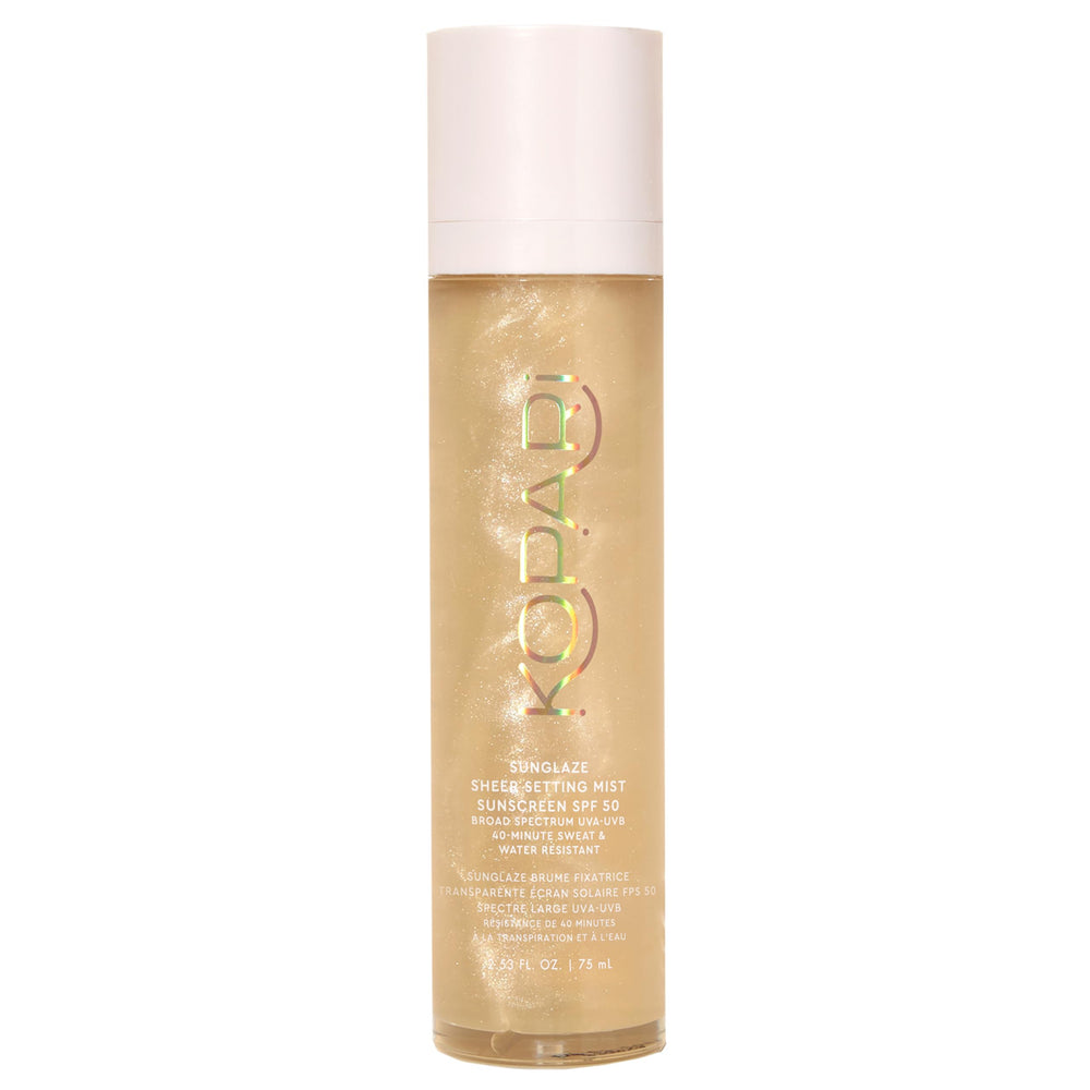 Kopari Sunglaze Setting Mist SPF 50 bottle pump delivers weightless sun protection.
