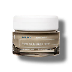 KORRES Black Pine 4D Biolift night cream tube closeup for overnight plumping