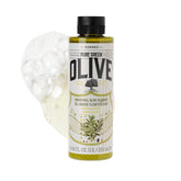 KORRES Olive Oil Shower Gel bottle highlights hydrating olive oil formula for dry skin