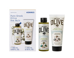 Korres Olive Sea Salt set packaging—shower gel and body milk for refreshing cleansing and hydration.
