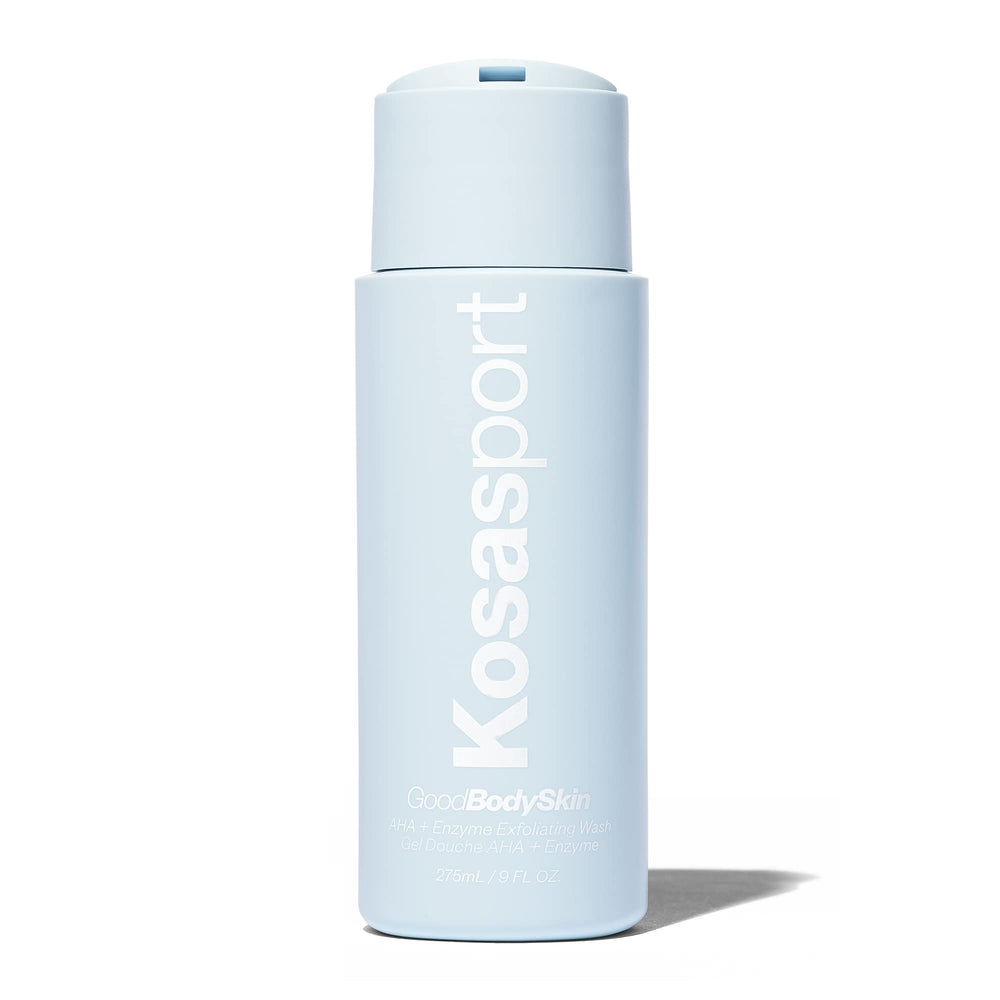 Kosas Kosasport Good Body Skin bottle being poured, highlighting exfoliation for smoother body skin.