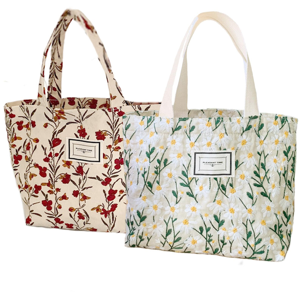 Kovewon daisy-embroidered tote canvas-corduroy for daily carry